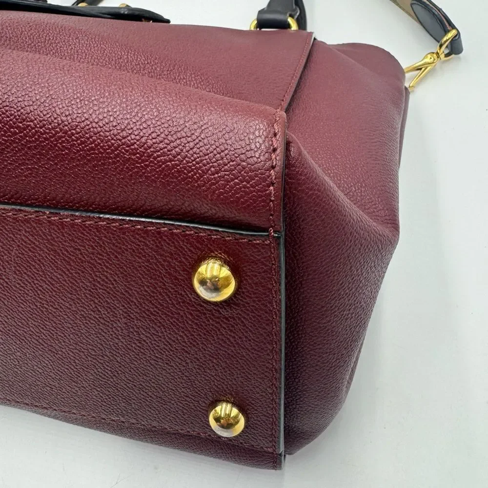 Burberry Medium Pebble Grained Burgundy Leather 2way Buckle Satchel Auth